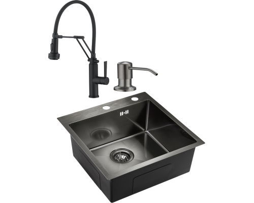 Комплект Мойка кухонная Domaci Равенна PVD DMB-117A черная, металлическая, квадратная, встраиваемая, российская + Смеситель DCB 7012 черный, с гибким изливом + Дозатор 401 черный