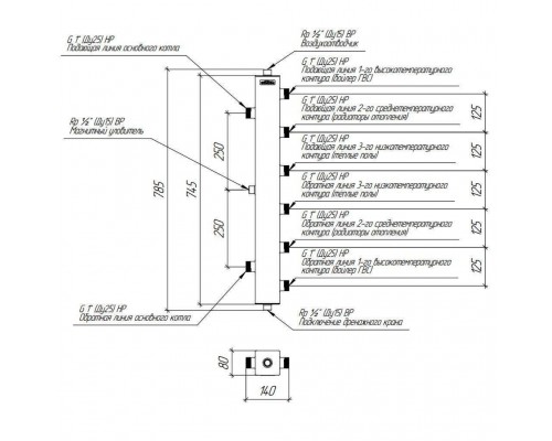 Термогидравлический разделитель GIDRUSS TGRSS-60-25x3 (нерж., до 60 кВт, 3 контура G 1, встроенный сепаратор) (15 06003 20)