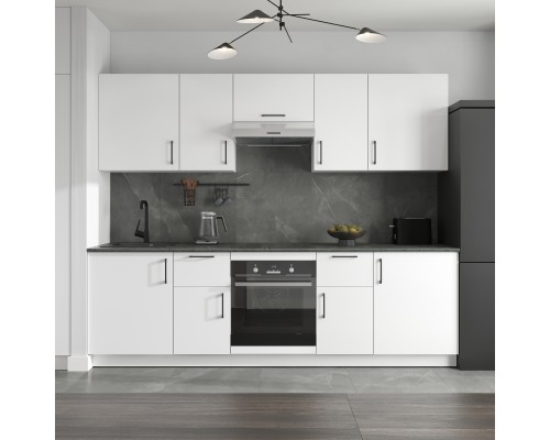 Кухонный гарнитур Domaci Болонья 260 см, фасад белый, ручка черная, столешница луна KUH-1008840