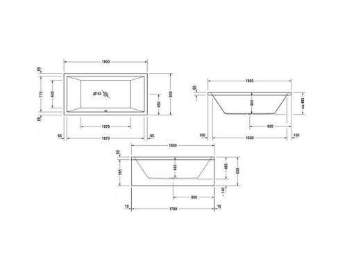 Duravit Starck Ванна акрил прямоугольная 180x90см , встраиваемая или с панелями ,с 2 наклонами для спины, с переливом Цвет: белый. 790100000000000,  700052000000000