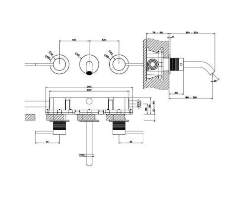 Gessi 316 Встраиваемый смеситель для раковины на 3 отв., излив: 146-128мм, внешняя часть, цвет: brushed black metal pvd. 54392#707