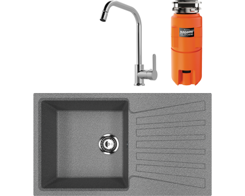 Комплект Мойка Ulgran U-703 -309 темно-серая + Смеситель MEGA City MG- ZRV104 хром + Измельчитель Omoikiri Nagare slim 1250