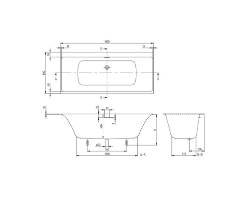 VilleroyBoch Subway 3.0 Ванна встраиваемая 180х80х48см., слив по центру, компл. ножек, слив-перелив: белый, материал: Quaryl, цвет: альпийский белый. UBQ180SBW2DV-01
