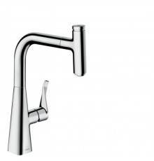 Hansgrohe Metris Select M71 Смеситель для кухни, на 1 отв, поворотный излив 22.2см с вытяжным душем, 1jet, h23.8см, sBox, кнопка вкл/выкл, цвет: хром. 73802000