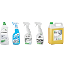 Набор Grass Очиститель для стекол Clean Glass голубая лагуна, 600 мл + Средство Gloss 600 мл + Средство Gloss Gel 500 мл + Средство Steel Polish 600 мл + Жидкое мыло Milana крем-мыло, молоко и мед, 5 л