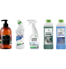 Набор Grass Очиститель для стекол Grass Clean Glass 600 мл + Средство Grass Prograss 1 л + Средство WC-Gel 750 мл + Очиститель Cement Cleaner 1 л + Жидкое мыло Milana Spring Bloom, 300 мл