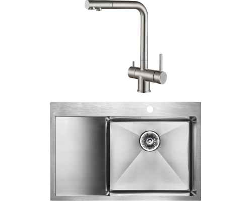 Комплект Мойка кухонная Paulmark Kroner PM217851-BSR брашированная нержавеющая сталь R + Смеситель Skalen Sk213020-SS