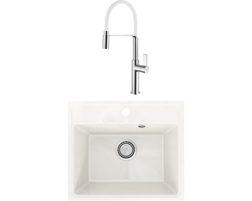 Комплект Мойка кухонная Practik PR-M 490-001 белый камень + Смеситель Rush MS9035-35White белый, с гибким изливом