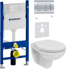 Комплект Унитаз подвесной Ideal Standard Eurovit K881201 безободковый + Шумоизоляция Geberit 156.050.00.1 + Инсталляция Duofix Delta 458.163.21.1 с кнопкой смыва, хром