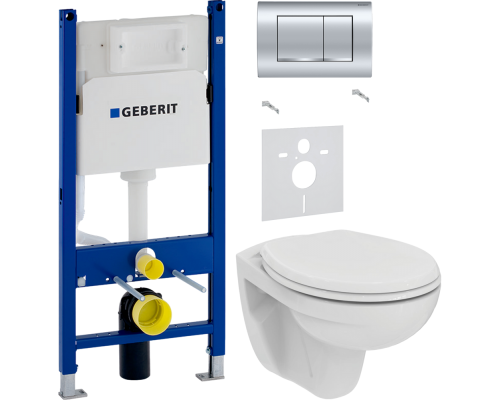 Комплект Унитаз подвесной Ideal Standard Eurovit K881201 безободковый + Шумоизоляция Geberit 156.050.00.1 + Инсталляция Duofix Delta 458.163.21.1 с кнопкой смыва, хром