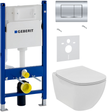 Комплект Унитаз подвесной Ideal Standard Tesi T536001 с микролифтом + Шумоизоляция Geberit 156.050.00.1 + Инсталляция Duofix Delta 458.163.21.1 с кнопкой смыва, хром