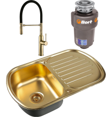 Комплект Мойка кухонная Zorg Inox PVD Inox Pvd SZR-7749 bronze + Смеситель Steel Hummer SH 2022 BRONZE бронза + Измельчитель Bort Titan 5000