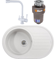 Комплект Мойка кухонная Kaiser KGM-7750-W белая + Смеситель Merkur 26044-10 белый + Измельчитель Bort Titan 5000 Control