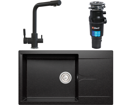 Комплект Мойка кухонная Polygran Gals 862 черная + Смеситель Высокий Дуо 627505 черный + Измельчитель Bort Titan 7000