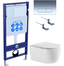 Комплект Унитаз подвесной AQUATEK Европа New AQ1106-00 безободковый, с микролифтом + Инсталляция Standard INS-0000012 + Комплект креплений KKI-0000002 + Кнопка KDI-0000016 глянцевый хром