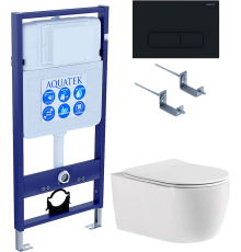 Комплект Унитаз подвесной AQUATEK Европа New AQ1106-00 безободковый, с микролифтом + Инсталляция Standard INS-0000012 + Комплект креплений KKI-0000002 + Кнопка KDI-0000017 матовая черная