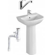 Комплект Раковина VitrA S20 5502B003 + Пьедестал 5529B003 + Смеситель Rossinka Y Y35-22 + Сифон Wirquin Минор с отводом для стиральной машины