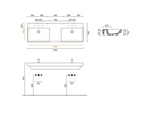 Catalano Zero Раковина 150x50см двойная, без отв., цвет: белый глянцевый. 0121520001