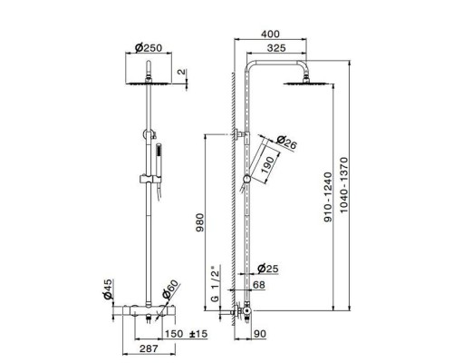 Newform X-STEEL 316 Душевая стойка с термо смес., верхний душ 25см, ручной душ, шланг 150 см, цвет: INOX. 69650X.50.050