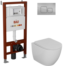 Комплект Унитаз подвесной Bauedge Bau Dream безободковый, с микролифтом + Инсталляция Bau Pro + Кнопка Soul, хром