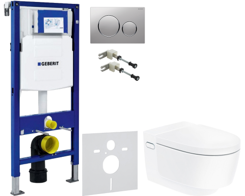 Комплект Унитаз подвесной Geberit AquaClean Mera Comfort 146.214.11.1 с системой удаления запахов, альпийский белый + Крепления Duofix 111.815.00.1 к стене + Шумоизоляция 156.050.00.1 + Инсталляция UP 320 111.300.00.5 + Кнопка Sigma 20 115.882.JQ.1 хром м