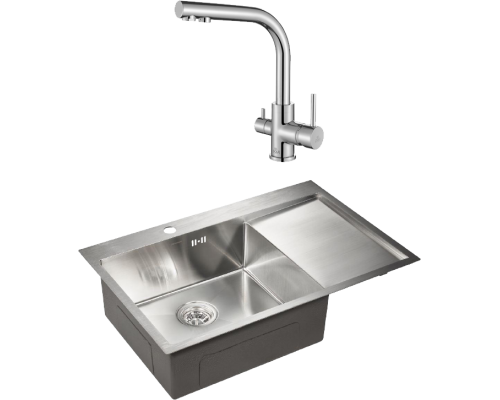 Комплект Мойка кухонная Paulmark Kroner PM217851-BSL брашированная нержавеющая сталь L + Смеситель Essen 213011-СR хром