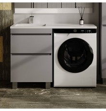 Тумба с раковиной Style Line Даллас Леон 120 L Люкс Plus напольная, серая, для стиральной машины, 2 ящика