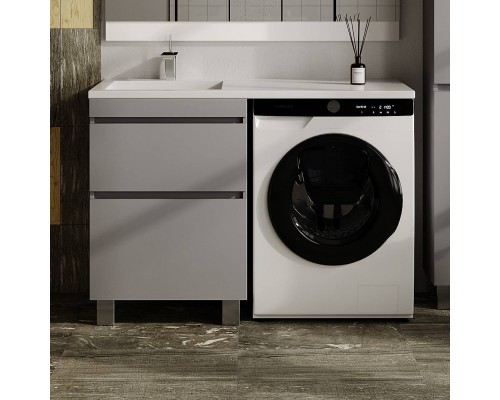 Тумба с раковиной Style Line Даллас Леон 120 L Люкс Plus напольная, серая, для стиральной машины, 2 ящика