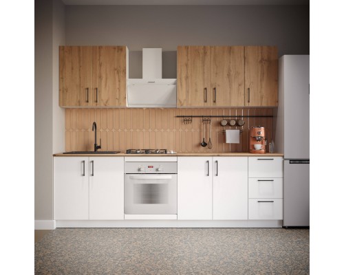 Кухонный гарнитур Domaci Болонья 260 см, фасад белый, дуб вотан, ручка черная, столешница дуб вотан KUH-1008796