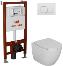 Комплект Унитаз подвесной Bauedge Bau Dream безободковый, с микролифтом + Инсталляция Bau Pro + Кнопка Soul, белая