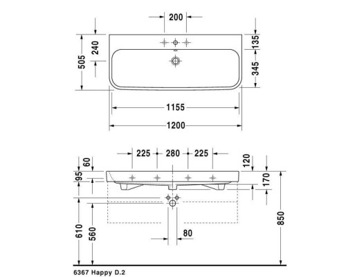 Duravit Happy D.2 Раковина 120x50.5 см, 1 отв., с переливом,  шлифованная, цвет: белый. 2318120027