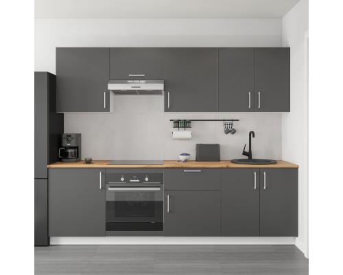 Кухонный гарнитур Domaci Болонья 260 см, фасад графит, ручка хром, столешница дуб вотан KUH-1008817
