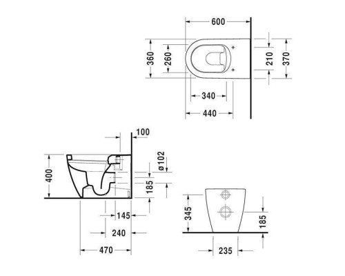 Duravit ME by Starck Унитаз напольный 37x60см., пристенный, включая крепление, сток горизонтальный, 4,5 л., с WonderGliss, цвет: белый. 21690900001