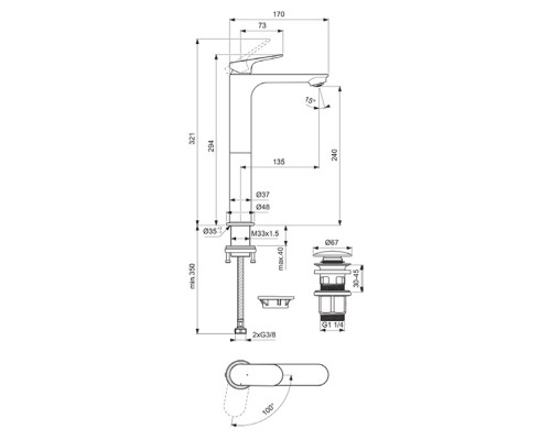 Ideal Standard Ceralife O Смеситель для раковины, на 1 отв., H24см., высокий, технология BlueStart, с донным клапаном Click Clack, цвет: хром. BE013AA
