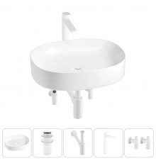 Накладная раковина для ванной комнаты Wellsee Belle Spa 2.0 20212564R в наборе 5 в 1: раковина белый глянец, донный клапан, сифон, смеситель, вентили (цвет набора матовый белый)