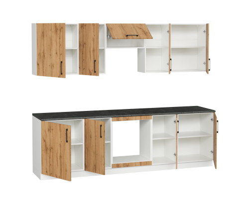 Кухонный гарнитур Domaci Болонья 260 см, фасад дуб вотан, ручка черная, столешница луна KUH-1008835