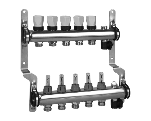 Коллектор из нержавеющей стали для систем напольного отопления Meibes с расходомерами, 2 выхода. M1794142