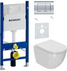 Комплект Унитаз подвесной Bauedge Bau Dream Hurricane-2 безободковый, с микролифтом, белый + Шумоизоляция Geberit 156.050.00.1 + Инсталляция Duofix Delta 458.163.21.1 с кнопкой смыва, хром