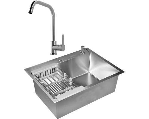 Комплект Мойка кухонная Wisent 6045 с раздвижным коландером и дозатором, сатин + Смеситель MEGA City MG- ZRV104 хром