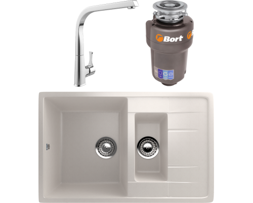 Комплект Мойка кухонная Ulgran U-205 -331 белая + Смеситель MEGA Mega MG-SUN03 + Измельчитель Bort Titan 5000