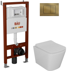 Комплект Унитаз подвесной Bauedge Bau Stil безободковый, с микролифтом + Инсталляция Bau Pro + Кнопка Stil, бронза
