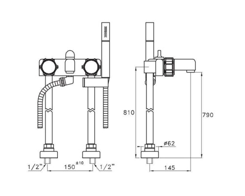 Stella Timeaster Напольный смеситель для ванны 3267/CL306 с ручным душем, ручка d=65мм, цвет: хром. TD 02006 CR00N