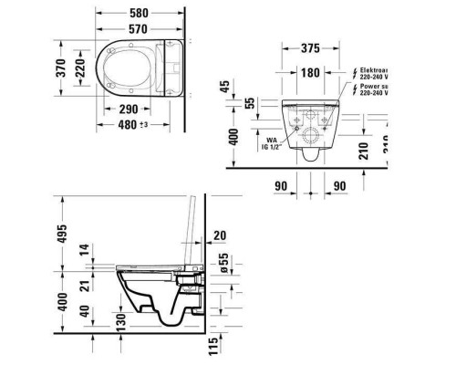 Duravit D-Neo Унитаз подвесной, безободковый, с сиденьем Sensowash, инсталляцией и клавишей с системой автосмыва, с покрытием Hygieneglaze, цвет: белый. 614700012002340,  2502092096,  WD1039000060,  WD5013012060