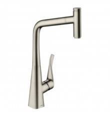 Hansgrohe Metris Select M71 Смеситель  для кухни на 1 отв, поворотный и выдвижной излив 1jet, кнопка вкл/выкл воды, цвет: сталь. 14884800