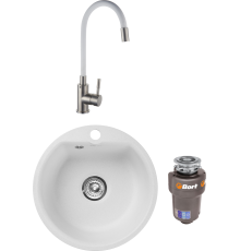 Комплект Мойка кухонная GranFest Smart SM 435 белый + Смеситель РМС Sus124w SUS124W-016F белый, сталь + Измельчитель Bort Titan Max Power FullControl