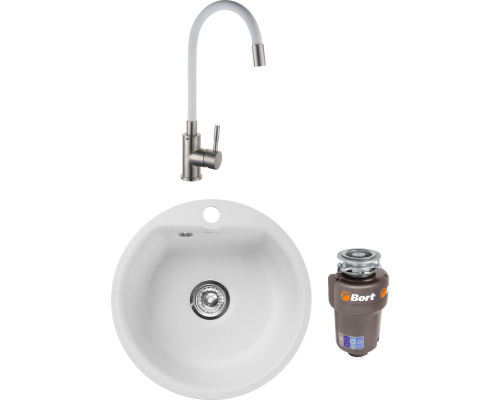 Комплект Мойка кухонная GranFest Smart SM 435 белый + Смеситель РМС Sus124w SUS124W-016F белый, сталь + Измельчитель Bort Titan Max Power FullControl