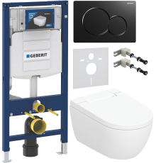 Комплект Умный подвесной Geberit AquaClean Alba безободковый, с биде + Инсталляция Duofix UP 320 111.300.00.5 + Кнопка Sigma 01 115.770.DW.5 черная + Звукоизоляция 156.050.00.1 + Крепления 111.815.00.1 к стене