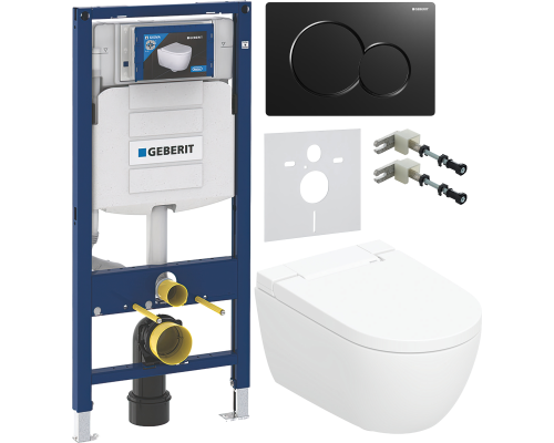 Комплект Умный подвесной Geberit AquaClean Alba безободковый, с биде + Инсталляция Duofix UP 320 111.300.00.5 + Кнопка Sigma 01 115.770.DW.5 черная + Звукоизоляция 156.050.00.1 + Крепления 111.815.00.1 к стене