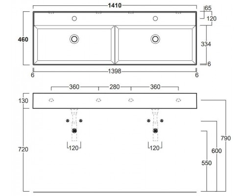 Simas Agile Раковина 141x46 см, 2 отв., двойная, цвет: белый. AG141D bi*2