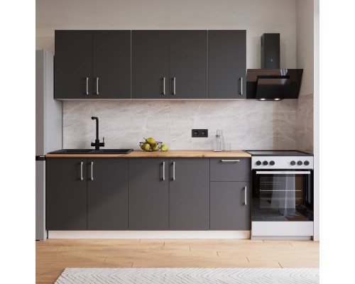 Кухонный гарнитур Domaci Болонья 260 см, фасад графит, ручка хром, столешница дуб вотан KUH-1008173